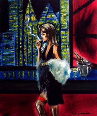 城市夜色中的淑女，2025 年（布面油画） 作者 鲁斯拉娜·莱万多夫斯卡