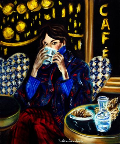 巴黎露台上的女人，2025 年（布面油画） 作者 鲁斯拉娜·莱万多夫斯卡