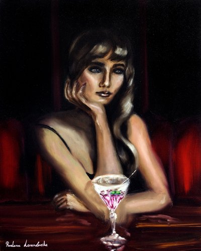 拿着粉色鸡尾酒的女人》，2024 年（布面油画） 作者 鲁斯拉娜·莱万多夫斯卡