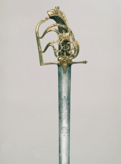 官员大刀刻有双头鹰与皇家皇冠下的圣乔治形象，用俄罗斯，18世纪的Catherine II（2929-96）会标装饰的剑柄（钢，支柱） 作者 Russian School