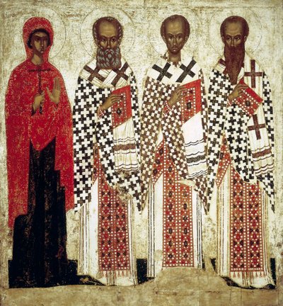 Paraskeva Pyatnitsa、神学家格雷戈里、约翰-金口和巴西尔大帝，15世纪初 作者 俄罗斯图标。