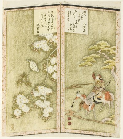 骑马的源义经和树枝上的鸟，选自描绘一对折叠屏风的无题六联画 作者 龙宫京心斋