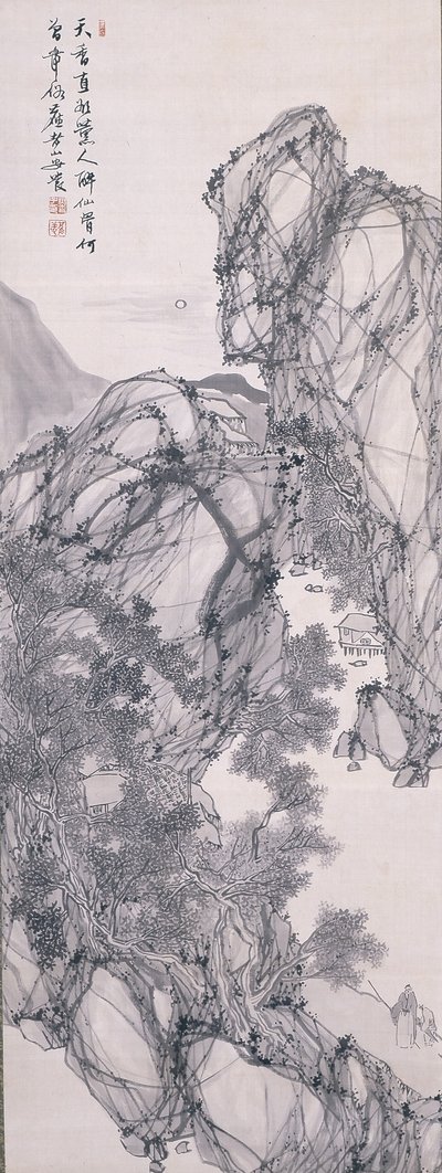 书生月下山水（绢本水墨） 作者 安田罗赞