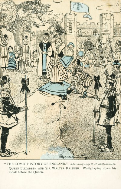Sir Walter Raleigh laying down his cloak for Queen Elizabeth I to enable her to avoid a puddle (colour litho) 作者 HH希伯斯怀特