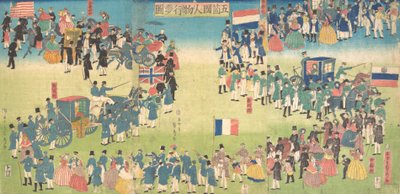 来自五个国家的人们的游行：荷兰、俄罗斯、法国、英国和美国，1861年、 作者 歌川贞秀