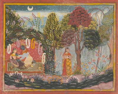 花棚里的克里希纳和拉德哈：来自分散的Gita Govinda的页面，约1665年。 作者 沙希丁