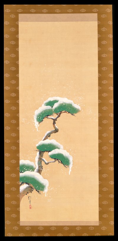 悬挂的卷轴描绘了一个雪花松，来自三季的三联，日本，19世纪初 作者 酒井保一
