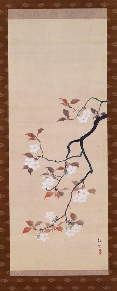 悬挂的卷轴描绘樱花，来自三季的三联，日本，19世纪初 作者 酒井保一