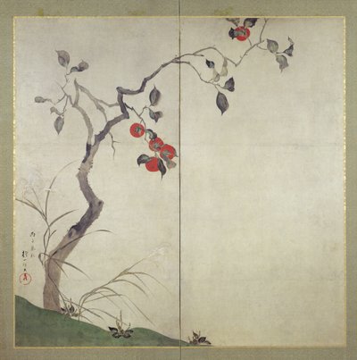 树上的柿子（墨水，颜色和纸上的黄金） 作者 酒井保一