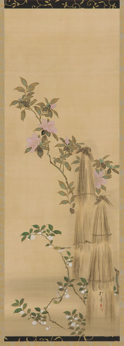 粉红色和白色的花朵和草编覆盖物，江户时期，1761-1828。 作者 酒井保一