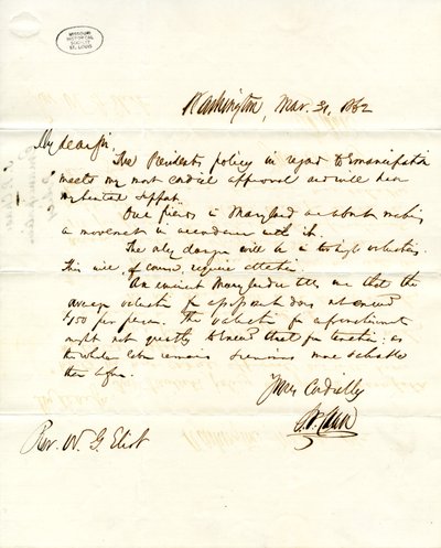 1862年3月31日签署于华盛顿的S.P.蔡斯给W.G.艾略特的信 作者 三文鱼 P. 蔡斯