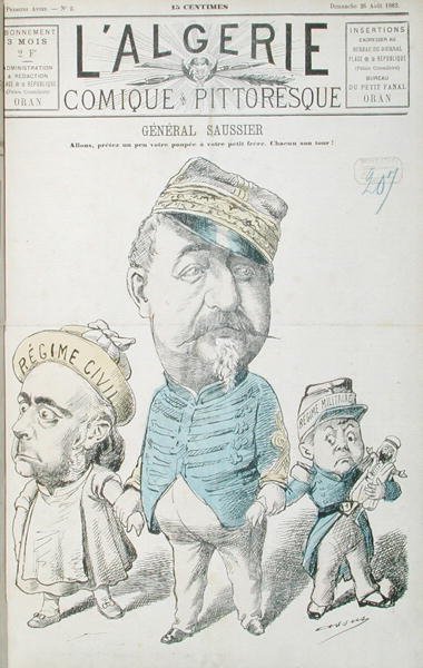 费利克斯-古斯塔夫-索西耶将军（1828-1905）的漫画，《皮托雷斯克的阿尔及利亚喜剧》的封面，1883年8月26日（彩色平印）。 作者 所罗门·华硕
