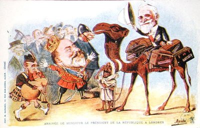 1903年法兰西共和国总统埃米尔-卢贝（1838-1929）抵达伦敦的漫画（彩色平印）。 作者 所罗门·华硕