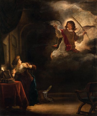 天使报喜》--萨洛蒙-科宁克（1609-1656）的画作--1655年--布面油画--72.5x61.5--霍尔维尔斯卡博物馆，斯德哥尔摩 作者 所罗门康宁克