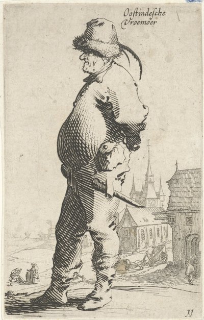 男子侧面，背景为教堂和带画廊的建筑
Oostindesche vroemoer（作品名称）
农民的生活（系列标题） 作者 所罗门萨弗里