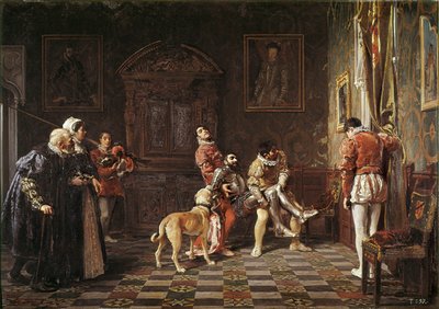“" Return of the tournament "” A young knight hurts is brought back to the palace, supported by two pages. Painting by Salvador Martinez Cubells (1845-1914) 1881 Valencia. Museum of Bellas Artes San Pio 作者 萨尔瓦多·马丁内斯·库贝尔斯