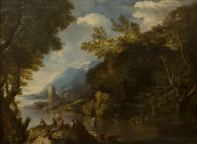 有人物和船只的风景，约 1635-73 年（布面油画） 作者 救世主（罗莎的追随者）