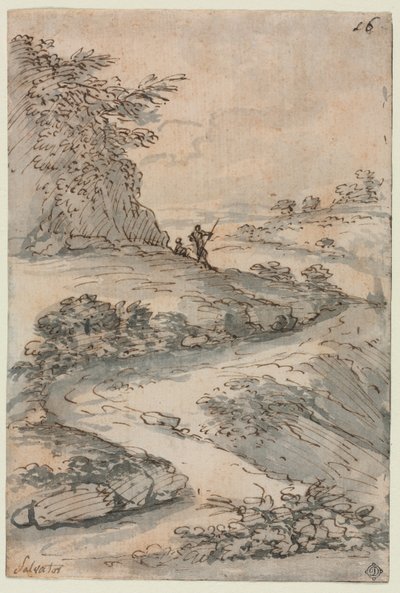 1600年代中期，蜿蜒的道路上的人物。 作者 救世主罗莎