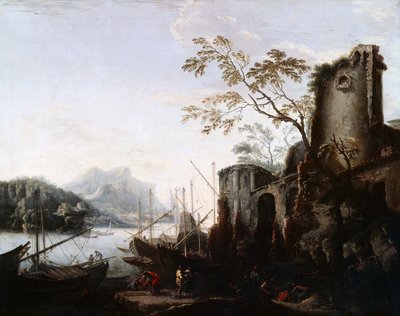 带有船和废墟的塔的海洋景观（带塔的海洋景观），c.1645， 作者 救世主罗莎