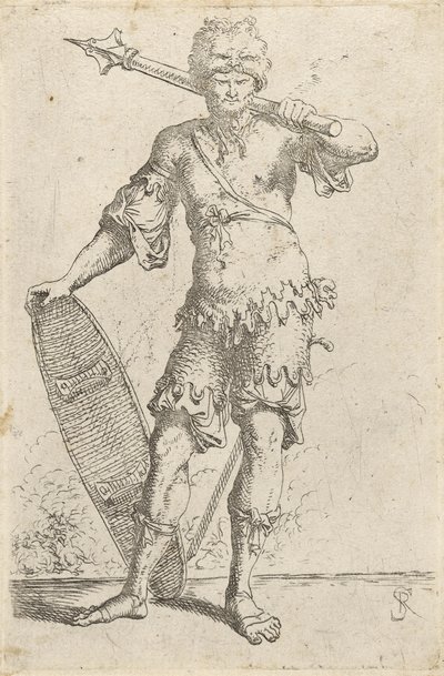 站立异国情调的战士戴着狮子头帽，拿着锤子和盾牌，c.1656-57（蚀刻在纸上） 作者 救世主罗莎