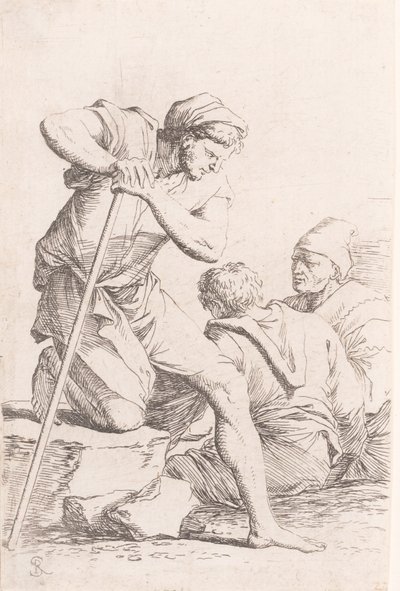 两个人坐着，另一个人拿着法杖跪在石头上，来自于Seri...，约1656-1657。 作者 救世主罗莎