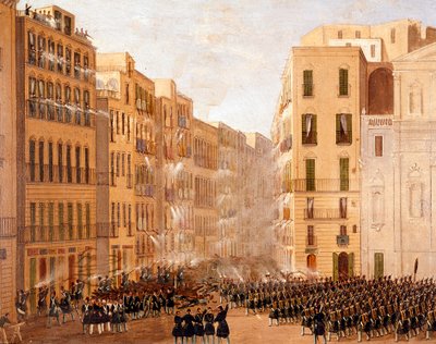 波旁军队对 1848 年 5 月那不勒斯的起义作出反应。 Salvatore Fergola (1799-1877) 绘画，那不勒斯，圣马蒂诺国家博物馆 作者 萨尔瓦多·费戈拉
