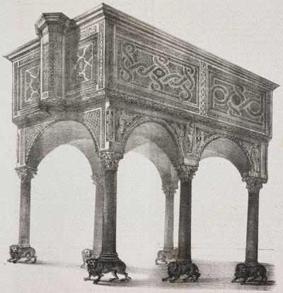 意大利坎帕尼亚 Sessa Aurunca 大教堂中的古物，萨尔瓦多·普利亚 (Salvatore Puglia) 石版画，由帕斯夸莱·马泰 (Pasquale Mattei，1813-1879) 绘制，出自 Poliorama Pittoresco，n 43，5 月 31 日 作者 萨尔瓦多·普利亚