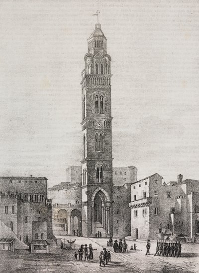 Bell tower of Gaeta cathedral, Lazio, Italia, lithograph by Salvatore Puglia after drawing by Pasquale Mattei (1813-1879), from Poliorama Pittoresco, n 48, July 6 作者 萨尔瓦多·普利亚