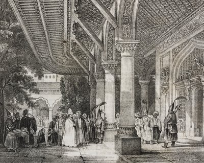 土耳其塞拉格里奥的入口大厅，来自东方后宫的故事，石版画，选自 Poliorama Pittoresco，第 12 期，10 月 28 日 作者 Salvatore Puglia