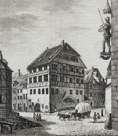 德国纽伦堡的阿尔布雷希特·丢勒 (Albrecht Durer) 之家 (1471-1528)，萨尔瓦托·普利亚 (Salvatore Puglia) 石版画，来自 Poliorama Pittoresco，n 31，3 月 12 日 作者 萨尔瓦多·普利亚