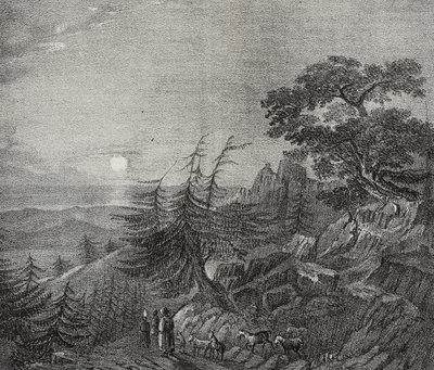 黎巴嫩贝鲁特附近黎巴嫩山雪松森林的景观，萨尔瓦托·普利亚 (Salvatore Puglia) 的石版画，来自 Poliorama Pittoresco，n 11，10 月 22 日 作者 萨尔瓦多·普利亚