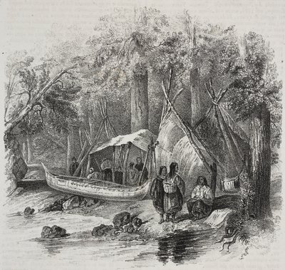 加拿大的美洲原住民，萨尔瓦托·普利亚 (Salvatore Puglia) 石版画，来自 Poliorama Pittoresco，n 43，6 月 3 日 作者 萨尔瓦多·普利亚