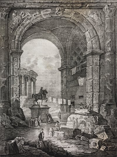 罗马废墟，休伯特·罗伯特（Hubert Robert，1733-1808 年）绘画，萨尔瓦托·普利亚 (Salvatore Puglia) 石版画，来自 Poliorama Pittoresco，n 28，2 月 17 日 作者 萨尔瓦多·普利亚
