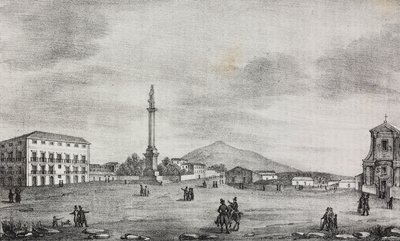 意大利西西里岛卡塔尼亚的雕像广场，Salvatore Puglia 的石版画，选自 Poliorama Pittoresco 第 15 期，11 月 19 日 作者 萨尔瓦多·普利亚