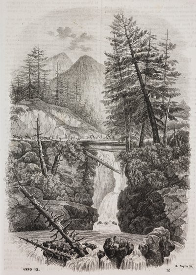 西班牙比利牛斯山脉上的吊桥，Salvatore Puglia 的石版画，选自 Poliorama Pittoresco，第 16 期，11 月 23 日 作者 萨尔瓦多·普利亚