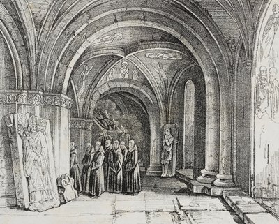 瑞士巴塞尔大教堂地下教堂，Salvatore Puglia 的版画，出自 Poliorama Pittoresco，n 50，7 月 22 日 作者 萨尔瓦多·普利亚