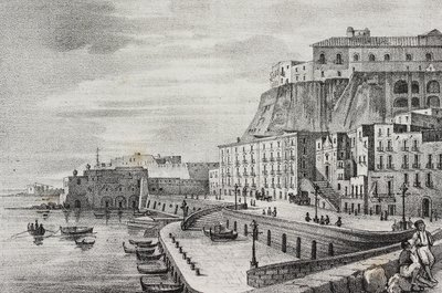 博尔戈圣卢西亚 (Borgo Santa Lucia) 景观，意大利坎帕尼亚那不勒斯，Salvatore Puglia 石版画，Poliorama Pittoresco，n 36，4 月 15 日 作者 萨尔瓦多·普利亚