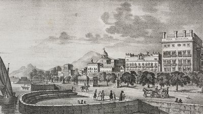 意大利西西里岛巴勒莫波旁论坛和 Trinacria 酒店景观，Salvatore Puglia 根据 Di Giovanni 的雕刻绘制的石版画，选自 Poliorama Pittoresco，第 37 期，4 月 19 日 作者 萨尔瓦多·普利亚