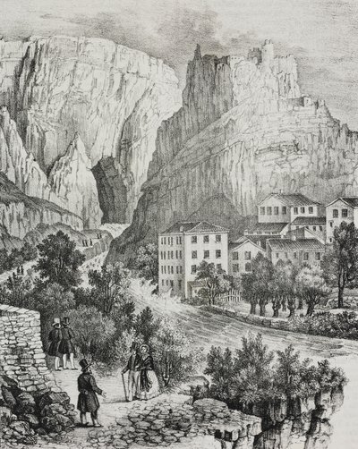 法国沃克吕兹枫丹景色，萨尔迪的石版画，选自 Poliorama Pittoresco，第 51 期，7 月 30 日 作者 萨尔瓦多·普利亚