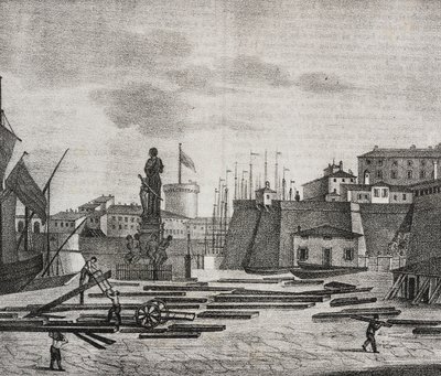 意大利托斯卡纳利沃诺码头景观，Salvatore Puglia 的石版画，选自 Poliorama Pittoresco，第 38 期，4 月 26 日 作者 萨尔瓦多·普利亚