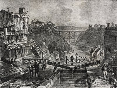 美国纽约州洛克波特景观，Salvatore Puglia 石版画，出自 Poliorama Pittoresco，n 1，8 月 10 日 作者 萨尔瓦多·普利亚