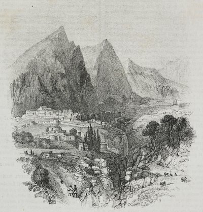 从希腊德尔斐眺望帕尔纳索斯山，Salvatore Puglia 的石版画，选自 Poliorama Pittoresco，第 46 期，6 月 25 日 作者 萨尔瓦多·普利亚