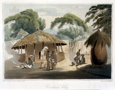 Booshuana村，板块18，来自约翰-巴罗（1764-1848）绘制的《科钦纳州之旅》，威廉-亚历山大（1767-1816）绘制，托马斯-梅特兰（1755-1823）雕刻，1806（水印）。 作者 塞缪尔（之后）丹尼尔（Daniell）