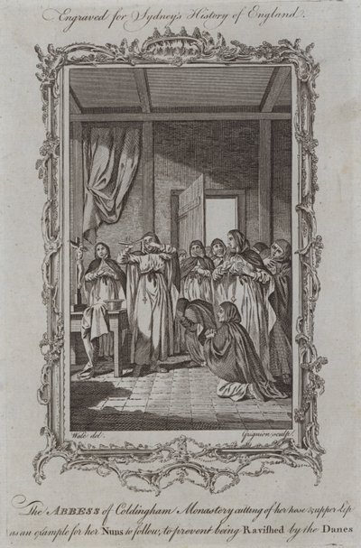 Coldingham Monastery 的女修道院院长切割她的鼻子和上唇，作为她的修女效仿的榜样，以防止被丹麦人蹂躏（雕刻） 作者 塞缪尔（之后）鲸鱼