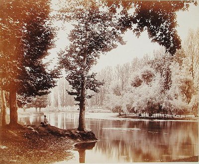 克什米尔Dhul运河上的风景，约1865年（棕褐色照片）。 作者 塞缪尔·伯恩