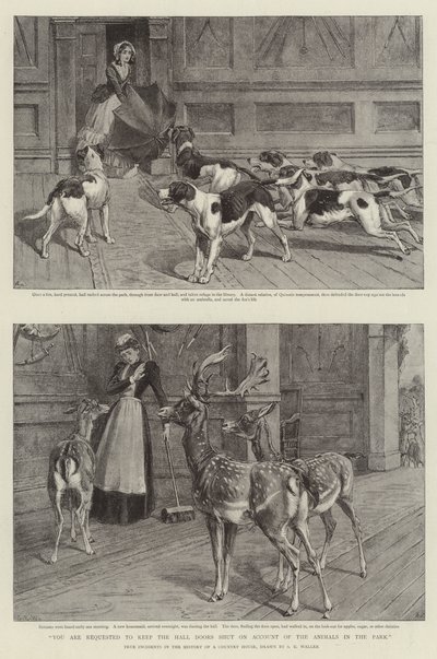 由于公园里的动物（石版画），请您关闭大厅的门 作者 塞缪尔·埃德蒙（Samuel Edmund）（后）沃勒（Waller）