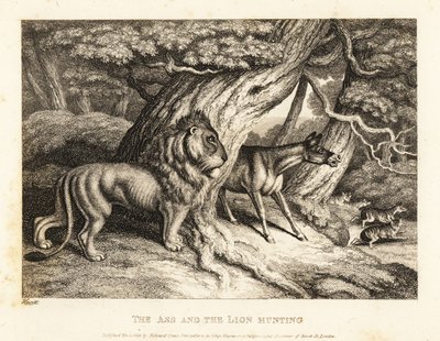 驴子与狮子一起狩猎时，会对猎物大声嘶叫。 1811（蚀刻） 作者 塞缪尔·豪伊特