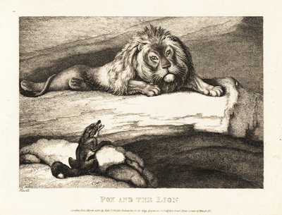 一只狐狸愚蠢地接近巢穴中的雄狮。1811年（蚀刻版画） 作者 塞缪尔·豪伊特