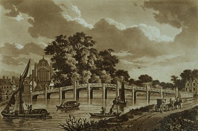汉普顿宫桥，插图来自&39;泰晤士河的风景如画&39;，酒吧。 1799年（蚀刻，aquatint） 作者 塞缪尔爱尔兰