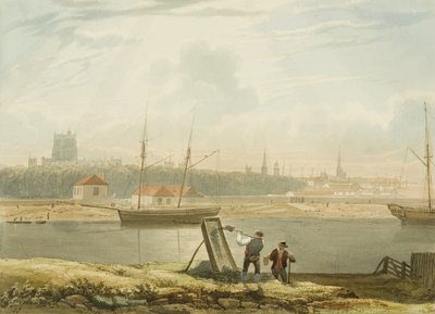 横跨浮动港口与大教堂和城市教堂的景色，约1825年。 作者 塞缪尔·杰克逊
